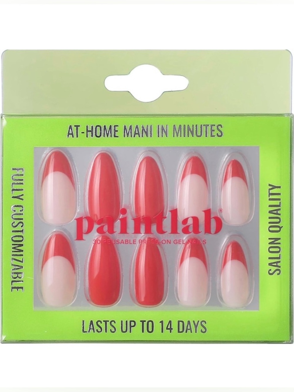 PaintLab Red Medium Almond Red French Manicure Press On Nails